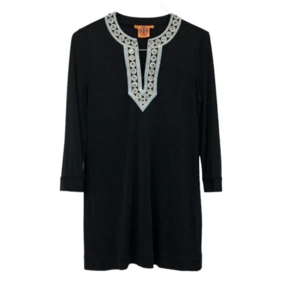 Tory Burch Black silk tunic long sleeve  dress embroidered V neckline SP